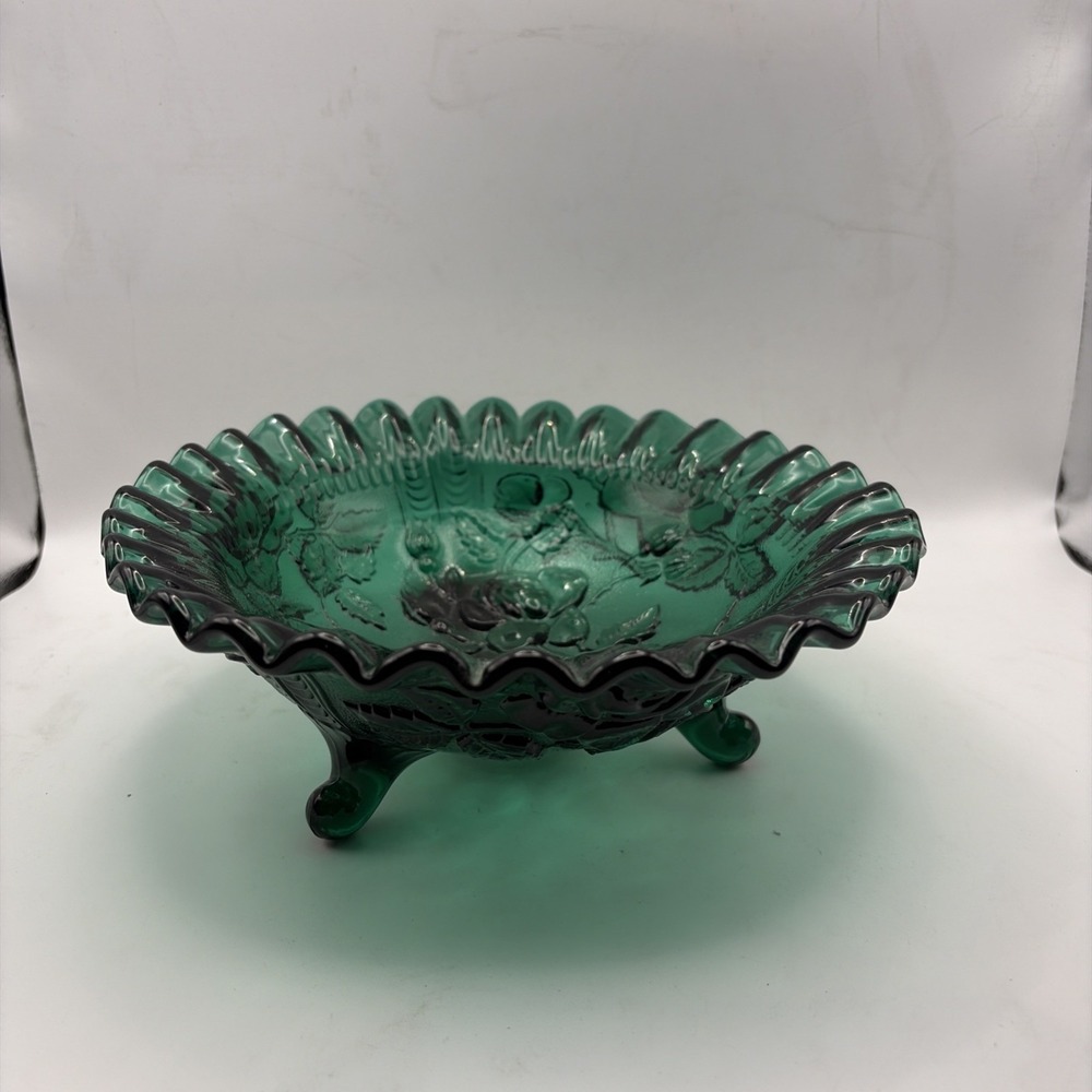 Vintage L.E. SMITH Emerald Teal Green Crimped Footed Raised Embossed Rose Bowl